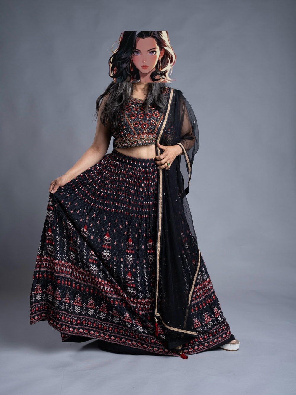 Black & Red Embroidered Lehenga Maxi Set
